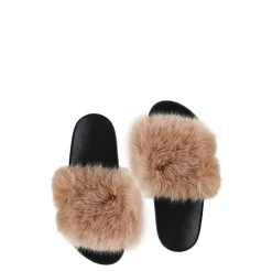 Sale Fabulous Furs Faux Fur-Trimmed Slides IvoryBlackCamel